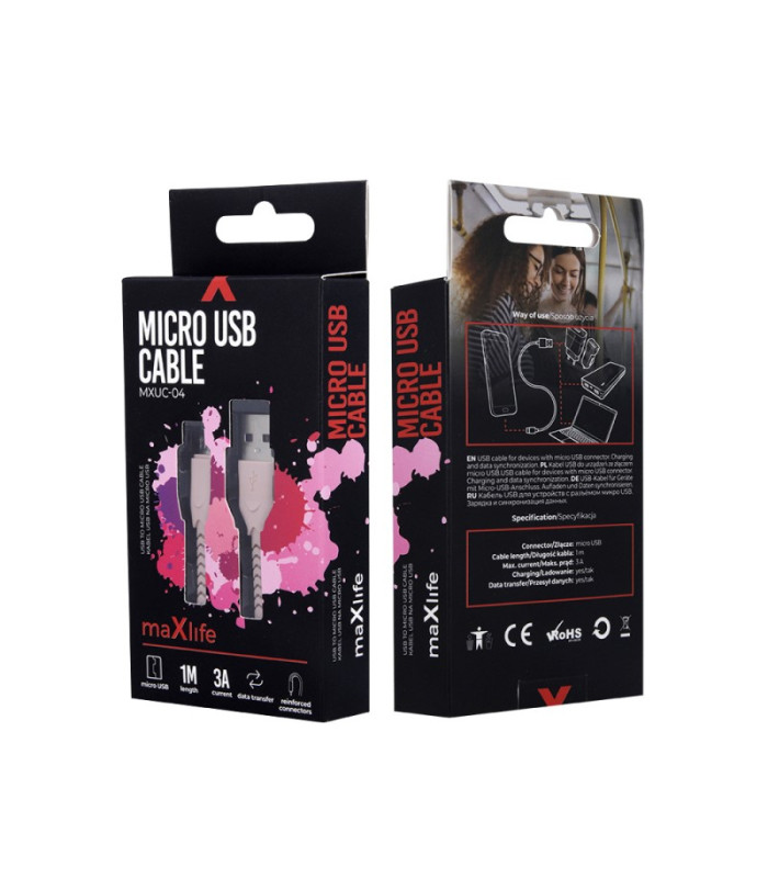 Maxlife MXUC-04 kabelis USB - microUSB 1,0 m 3A rožinis