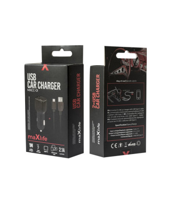 Maxlife MXCC-01 automobilinis įkroviklis 1x USB 2.1A juodas + USB-C laidas