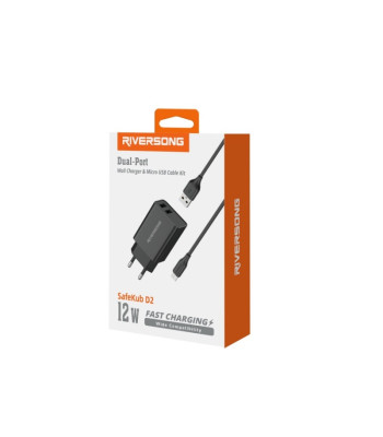 Riversong sieninis įkroviklis SafeKub D2 2x USB 12W juodas + laidas USB - microUSB AD29 + CM85