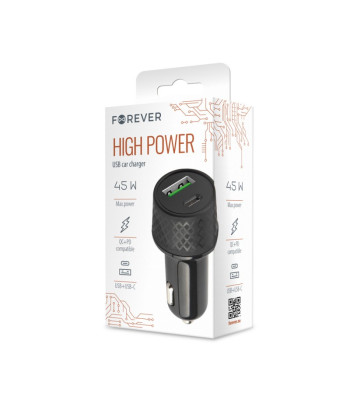 Forever automobilinis įkroviklis 1xUSB 2,4A + 1xUSB-C PD 45W LA-04 juodas