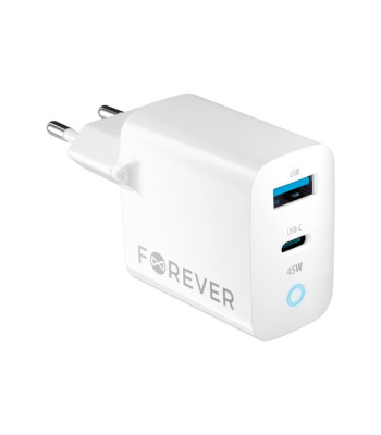 Forever TC-06-45AC GaN PD QC įkroviklis 1x USB-C 1x USB 45W baltas