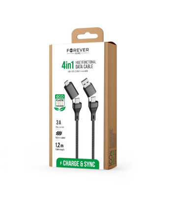 Forever CORE 4in1 kabelis USB + USB-C - USB-C + microUSB 1,2 m 3A juodas
