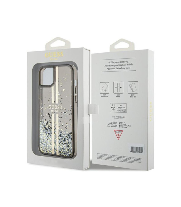 Guess dėklas for iPhone 15 6,1 GUHCP15SLFCSEGK black HC LIQ. GLITTER GOLD STRIPES