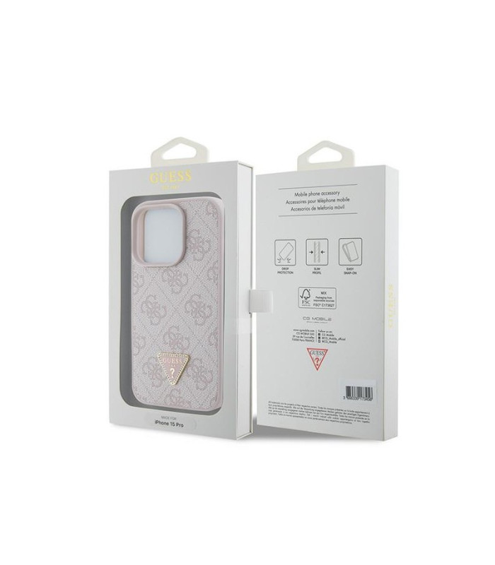 Guess dėklas for iPhone 15 Pro 6.1 GUHCP15LP4TDPP pink harddėklas Leather 4G Triangle Strass