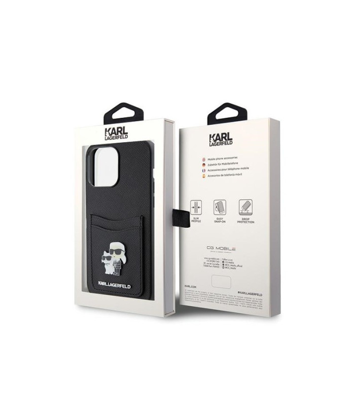 Karl Lagerfeld dėklas for iPhone 15 Pro Max 6,7 KLHCP15XSAPKCNPK black harddėklas Saffiano automobilinisdslot KC Metal Pin