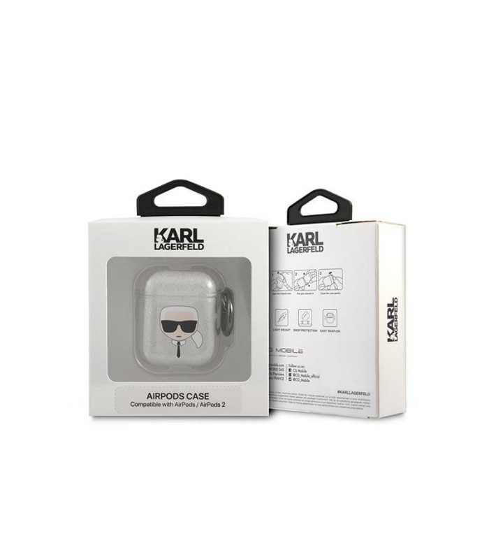 Karl Lagerfeld dėklas for Airpods 1/2 KLA2UKHGS cover silver Glitter Karl`s Head