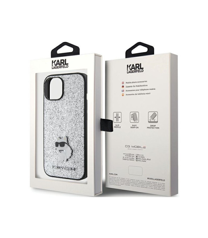 Karl Lagerfeld dėklas for iPhone 15 6,1 silver harddėklas Fixed Glitter Choupette Logo Metal Pin