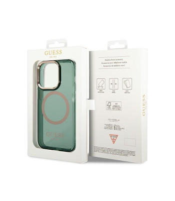 Guess dėklas for iPhone 14 Pro 6,1 GUHMP14LHTCMA khaki hard dėklas Gold Outline Translucent MagSafe