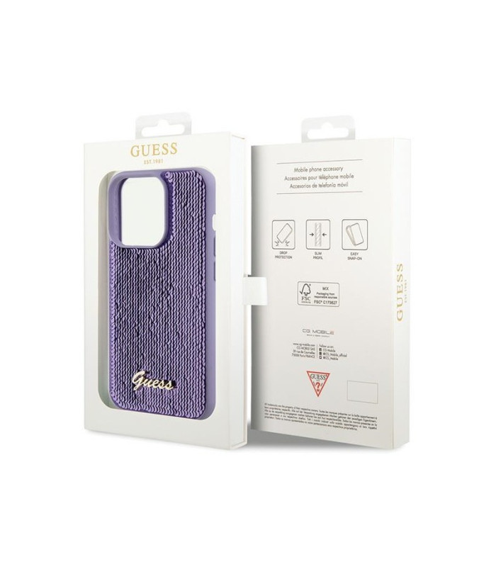 Guess dėklas for iPhone 15 Pro Max 6,7 GUHCP15XPSFDGSU purple HC Sequin Script Metal