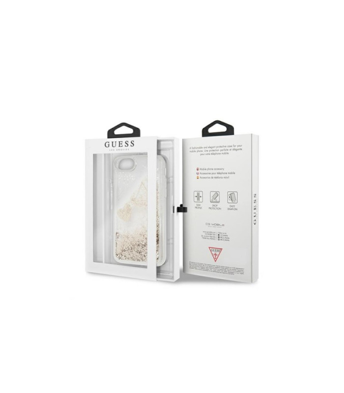 Guess dėklas iPhone SE 2022 / SE 2020 / 7 / 8 GUOHCI8GLHFLGO kietasis dėklas auksinis Charms 2 Liquid Glitter