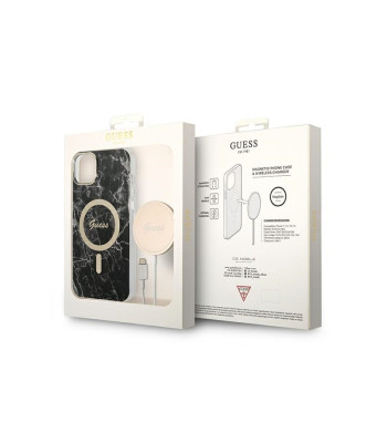 Guess set dėklas + įkroviklis for iPhone 14 Plus 6,7 GUBPP14MHMEACSK black hard dėklas Marble MagSafe