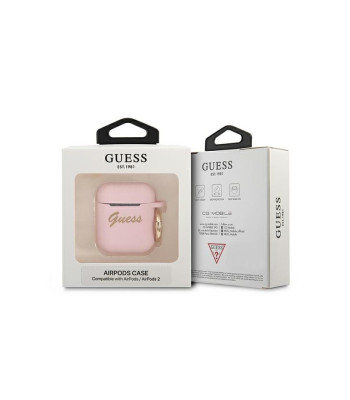 Guess dėklas, skirtas AirPods GUA2SSSI rožinis Silikoninis Vintage Script