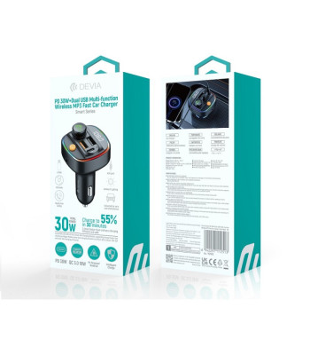 Devia siųstuvas FM Smart Bluetooth MP3 automobilinis įkroviklis PD 30W 1x USB-C 2x USB 3A juodas