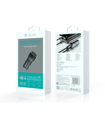 Devia automobilinis įkroviklis Extreme PD QC 3.0 30W + 18W 1x USB 1x USB-C, tamsiai pilkos spalvos