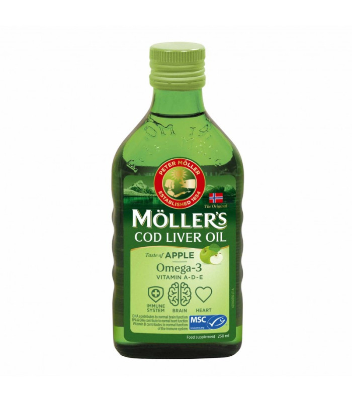 Mollers obuolių skonio skysti žuvų taukai 250 ml