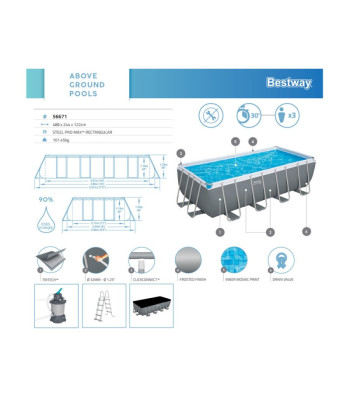 "Bestway" rėminis baseinas 488x244x122cm 9in1 siurblio kopėčių dangtis 56671