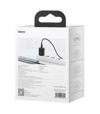 "Baseus" sieninis įkroviklis "Super Si PD 25W" 1x USBC juodas + USB-C - USB-C kabelis