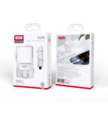 "XO" sieninis įkroviklis CE02C 2x USB 2,1A baltos spalvos + "Lightning" laidas