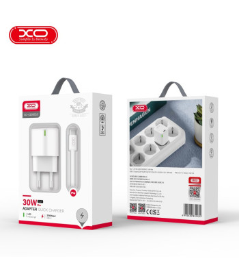 XO sieninis įkroviklis CE06 PD 30W 1x USB-C baltas + USB-C - Lightning kabelis