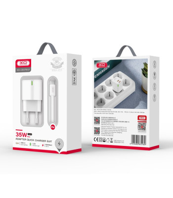 XO sieninis įkroviklis CE07 PD 35W 2x USB-C baltos spalvos + USB-C - Lightning kabelis