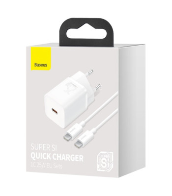 "Baseus" sieninis įkroviklis "Super Si PD 25W" 1x USBC baltos spalvos + USB-C - USB-C kabelis