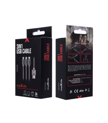 "Maxlife 3in1" kabelis USB - "Lightning" + USB-C + microUSB 1,0 m 2,1A pilkas nailonas