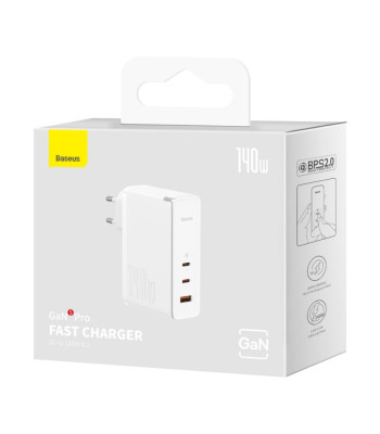 "Baseus" sieninis įkroviklis GaN5 Pro PD 140W 2x USB-C 1x USB balta + USB-C - USB-C 240W kabelis