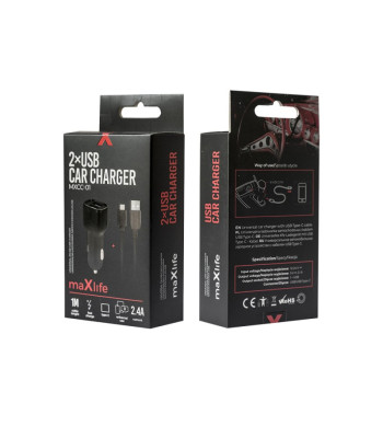 "Maxlife MXCC-01" automobilinis įkroviklis 2x USB 2,4A juodas + USB-C laidas