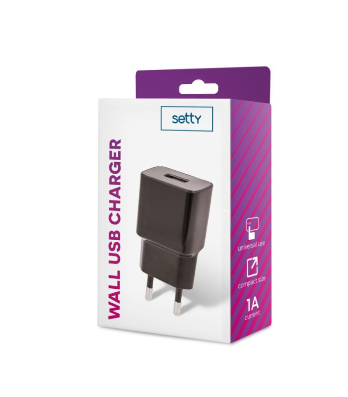 Setty įkroviklis 1x USB 1A juodas
