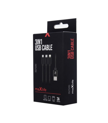 "Maxlife 3in1" kabelis USB - "Lightning" + USB-C + microUSB 1,0 m 2,1A juodas nailonas