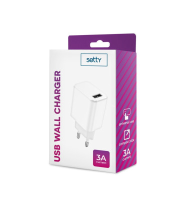 Setty įkroviklis 1x USB 3A baltos spalvos