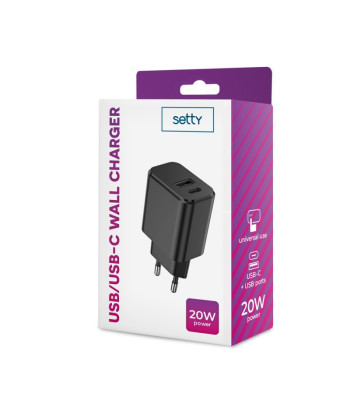 "Setty" įkroviklis 1x USB + USB-C 3A 20W, juodas