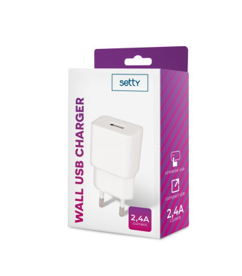 Setty įkroviklis 1x USB 2,4A, baltos spalvos