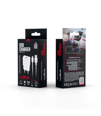 "Maxlife MXTC-01" įkroviklis 1x USB 2,1A baltos spalvos + microUSB laidas