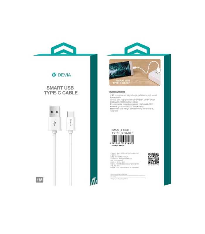 "Devia" kabelis Smart USB - USB-C 1,0 m 2,1A baltas