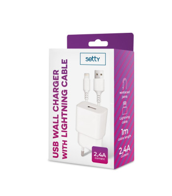 "Setty" įkroviklis 1x USB 2,4A baltos spalvos + "Lightning" laidas 1,0 m NAUJIENA
