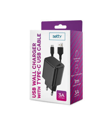 "Setty" įkroviklis 1x USB 3A juodas + USB-C kabelis 1,0 m