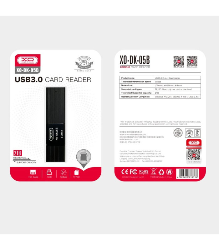 XO kortelių skaitytuvas 2 in 1 DK05B USB 3.0, juodas