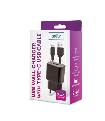 "Setty" įkroviklis 1x USB 2,4A juodas + USB-C kabelis 1,0 m NAUJIENA
