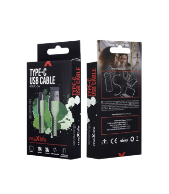 Maxlife MXUC-04 kabelis USB - USB-C 1,0 m 3A žalias