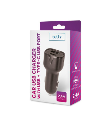 Setty automobilinis įkroviklis 1x USB 1x USB-C 2,4A juodas