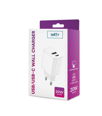 "Setty" įkroviklis 1x USB + USB-C 3A 20W baltos spalvos