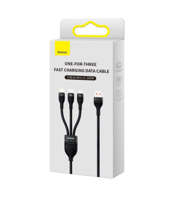 "Baseus" kabelis 3in1 Flash II USB + USB-C - Lightning + USB-C + microUSB 1,5 m 3,5A juodas 100W
