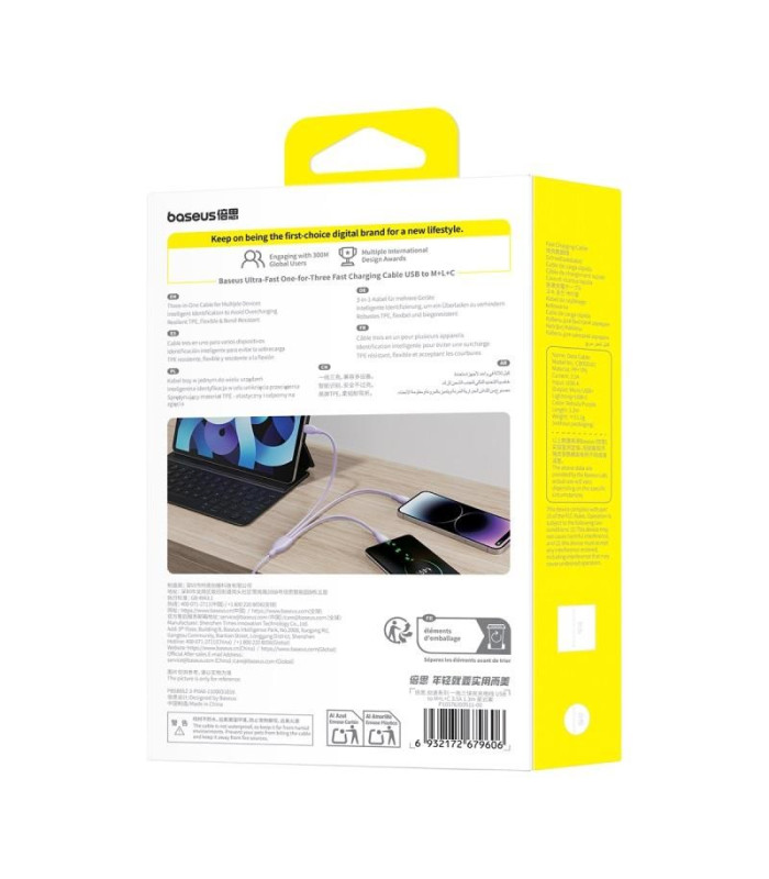 "Baseus Ultra-Fast One-for-Three" greitojo įkrovimo kabelis USB-A į M+L+C 3,5A 1,3 m Nebula Purple