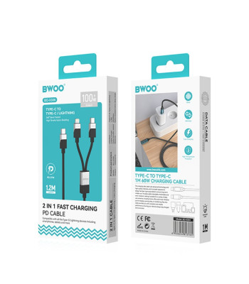 BWOO Pintas "2-in-1" kabelis USB-C - USB-C ir "Lightning" 1 m 100W27W juodas