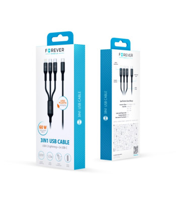 "Forever 3in1" kabelis USB-C - "Lightning" + 2x USB-C 1,2 m 60 W, juodas