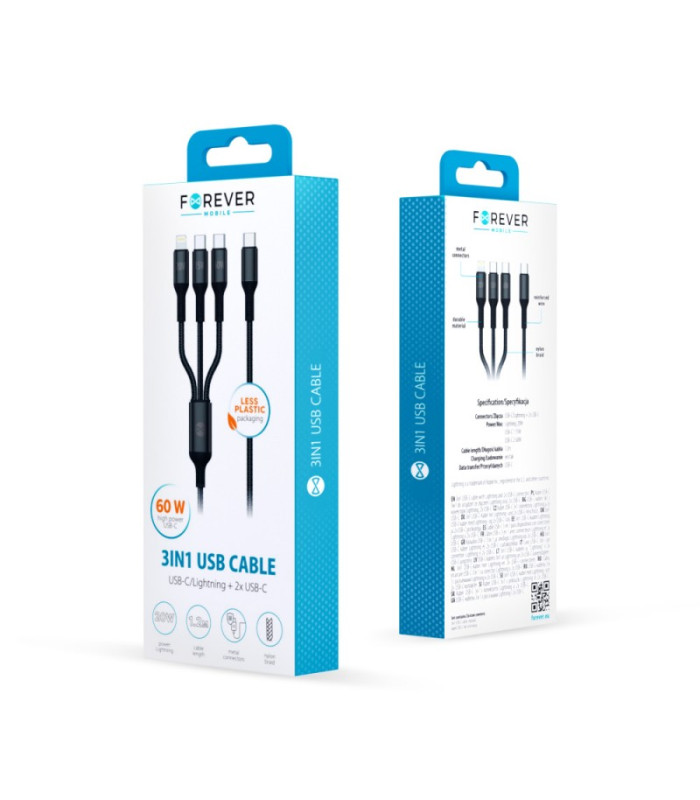 "Forever 3in1" kabelis USB-C - "Lightning" + 2x USB-C 1,2 m 60 W, juodas