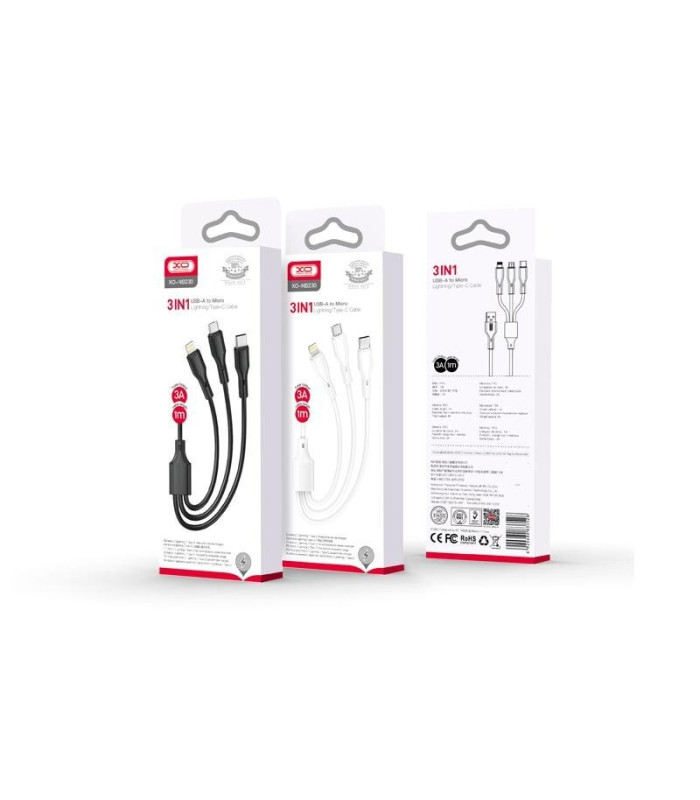 XO kabelis NB230 3w1 USB - Lightning + USB-C + microUSB 1,0 m 2,4 A juodas
