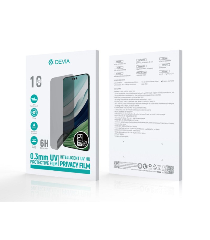 "Devia" išmaniųjų telefonų plėvelės UV 0,3 mm HD privatumo 10 vnt. 6H rinkinys, skirtas pjaustymo mašinai