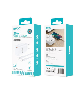 BWOO 20 W sieninis įkroviklis CDA159 su kabeliu USB-C į USB-C